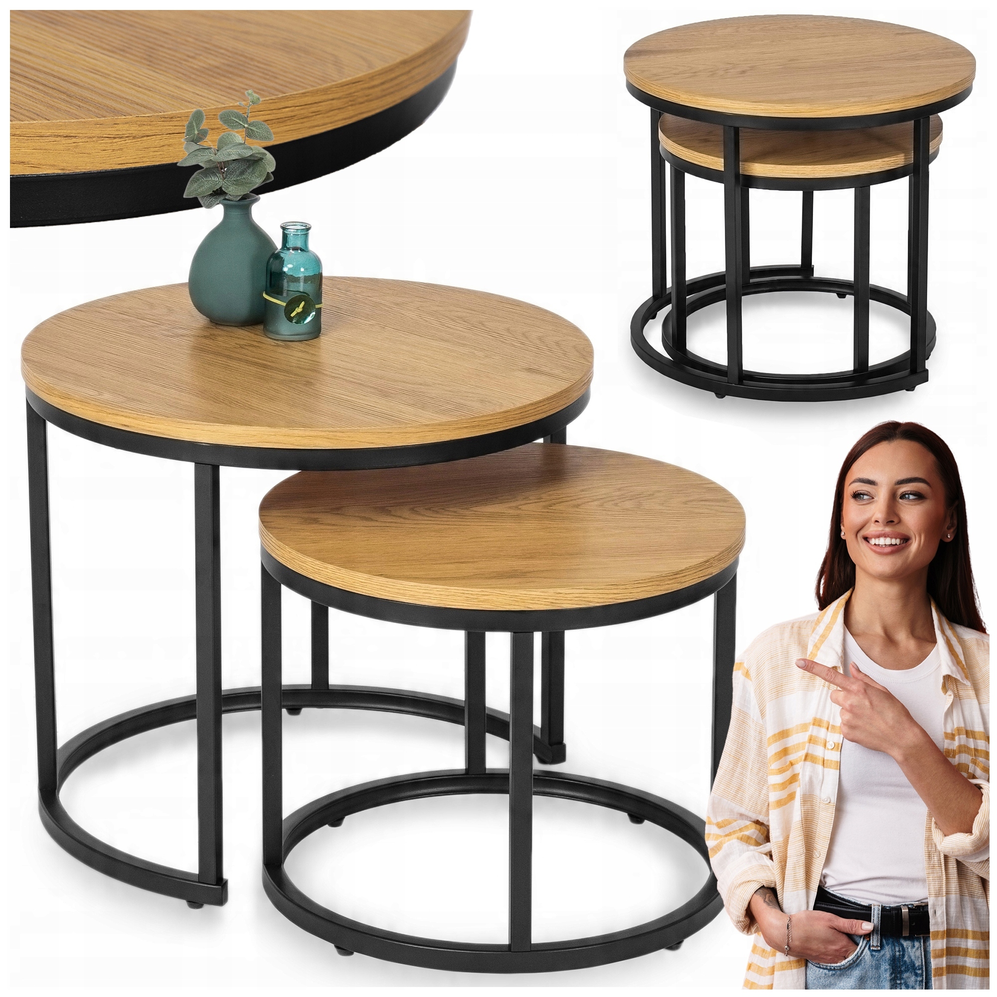 Konferenční stolek Kulatý 2v1 Loftový set Lavička do obývacího pokoje Dub Zlatý Černý Delia