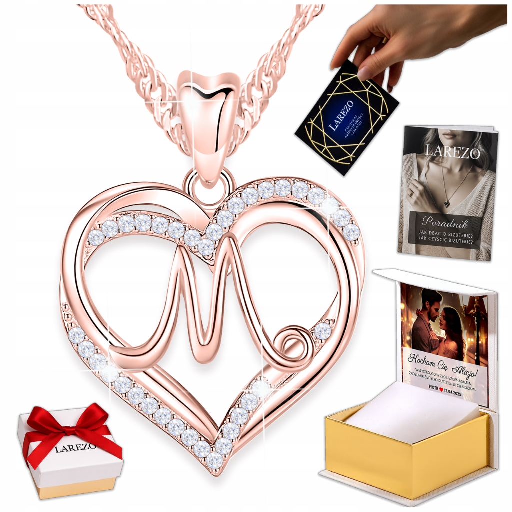 Pozlacený náhrdelník 925 s písmenem Písmeno M Iniciál Srdce Zirkony Potisk