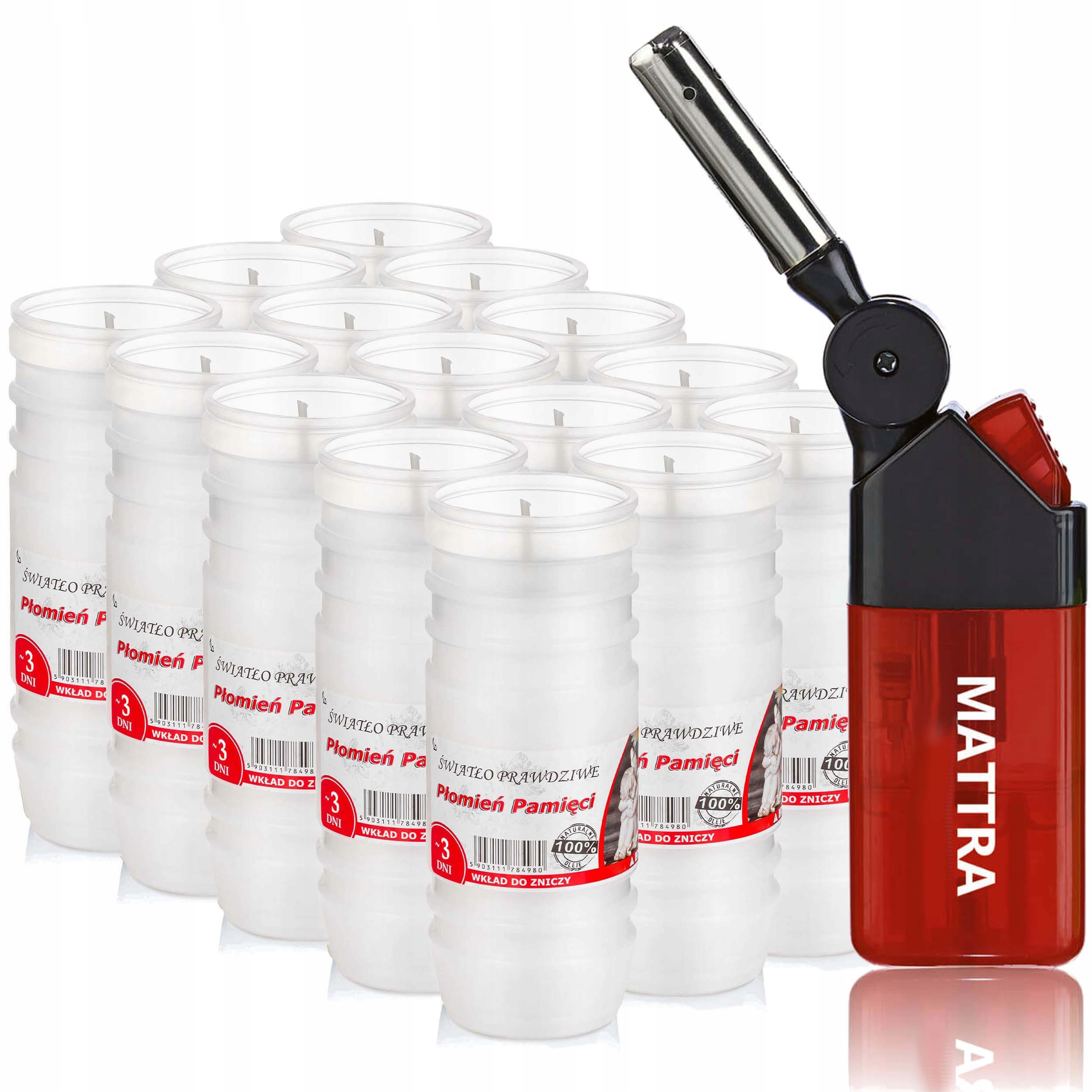 WKŁADY DO ZNICZY PARAFINA 100% 15SZT 72H + ZAPALARKA