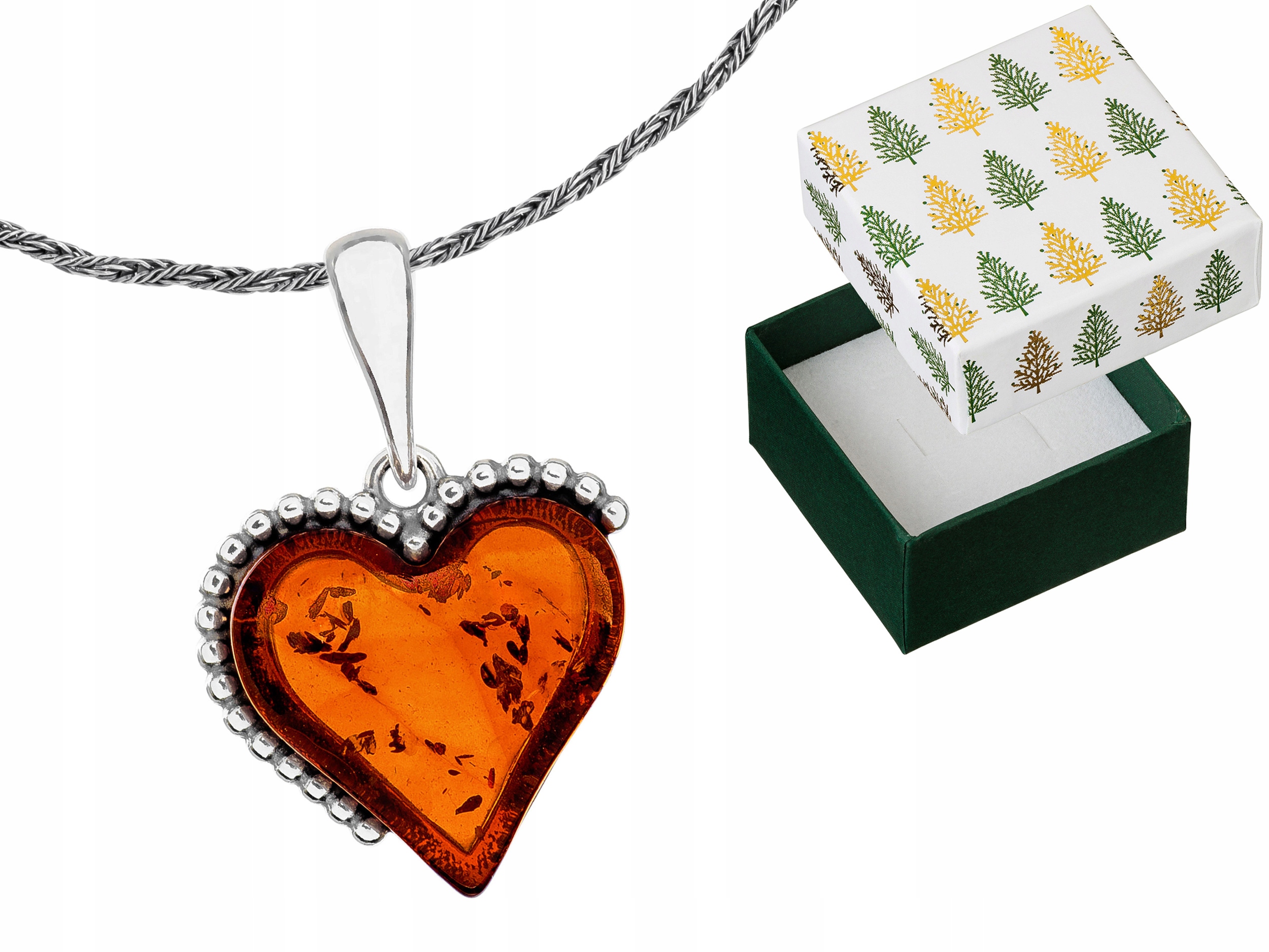 Stříbrný náhrdelník Srdce Přívěsek s jantarem Přívěsek Řetízek 90 cm