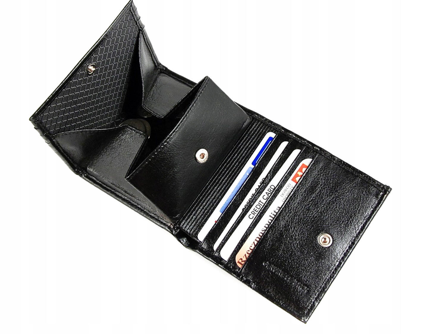 Mały portfel Duża Kieszeń Na Bilon Skóra Naturalna Czarny