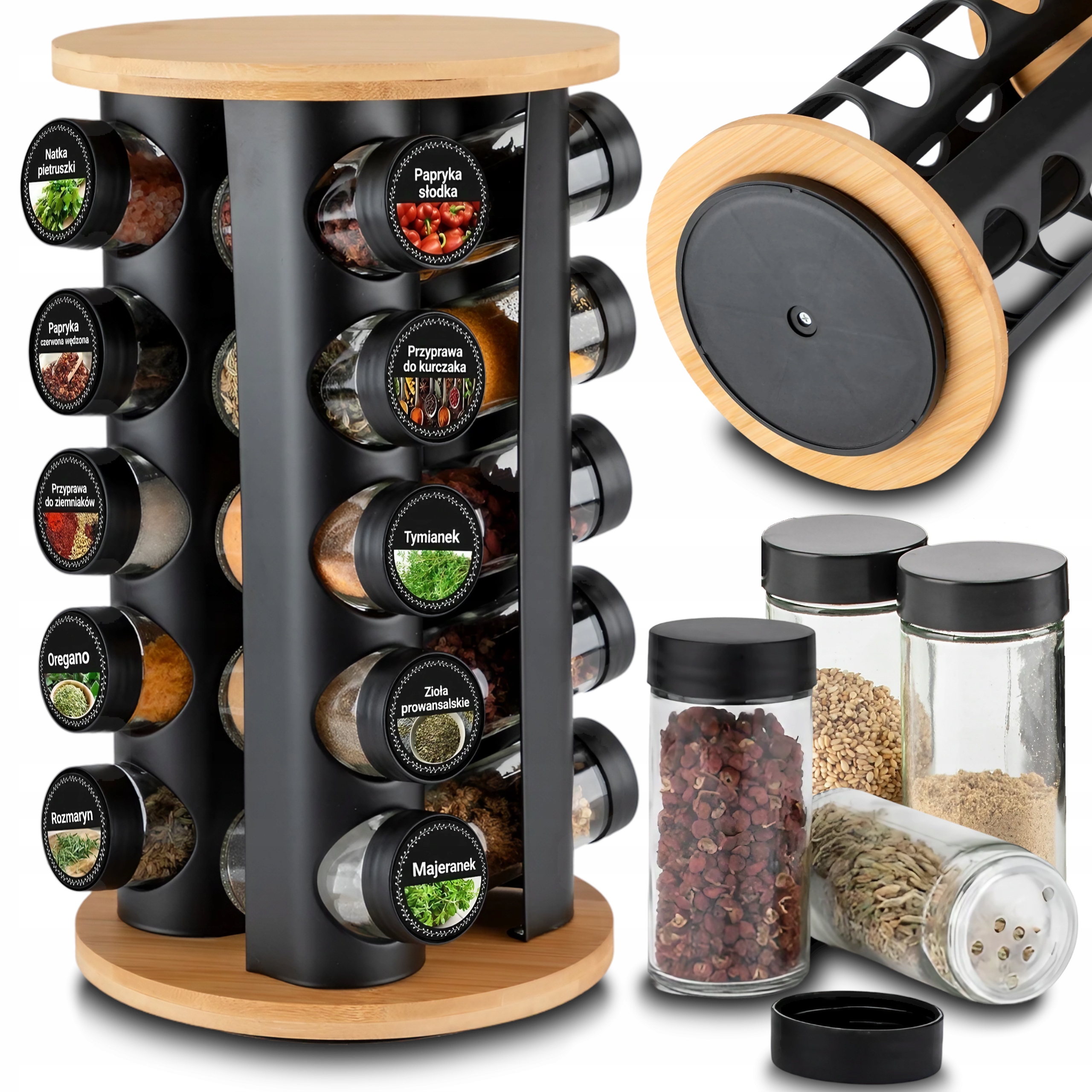 Pojemniki Na Przyprawy Przyprawnik Obrotowy STOJAK+20 Słoików Nakrętki