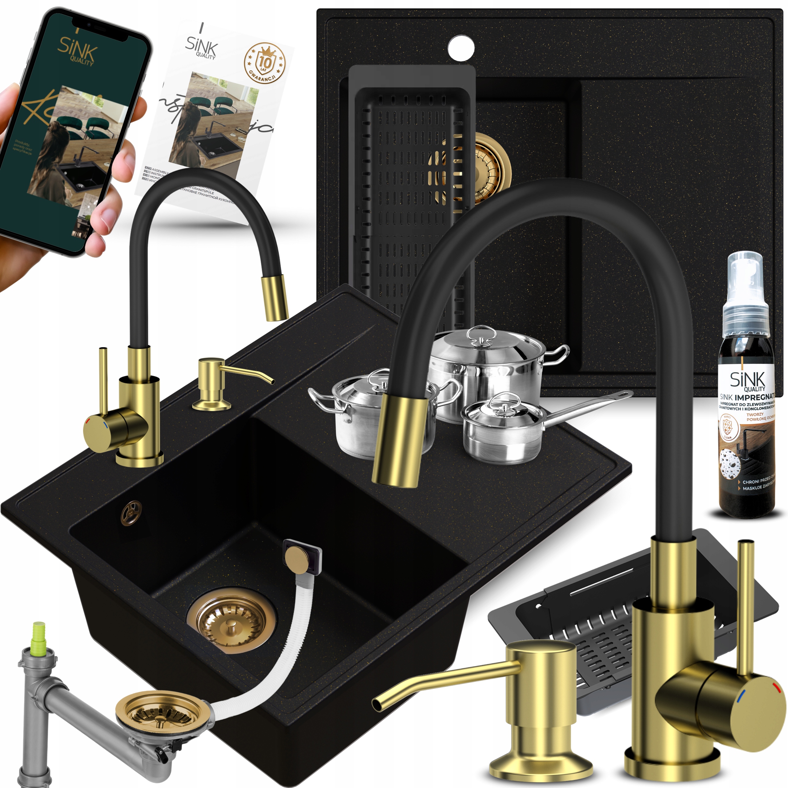 Granitový dřez s dávkovačem na tekutinu a kuchyňskou baterií zlatý 10v1