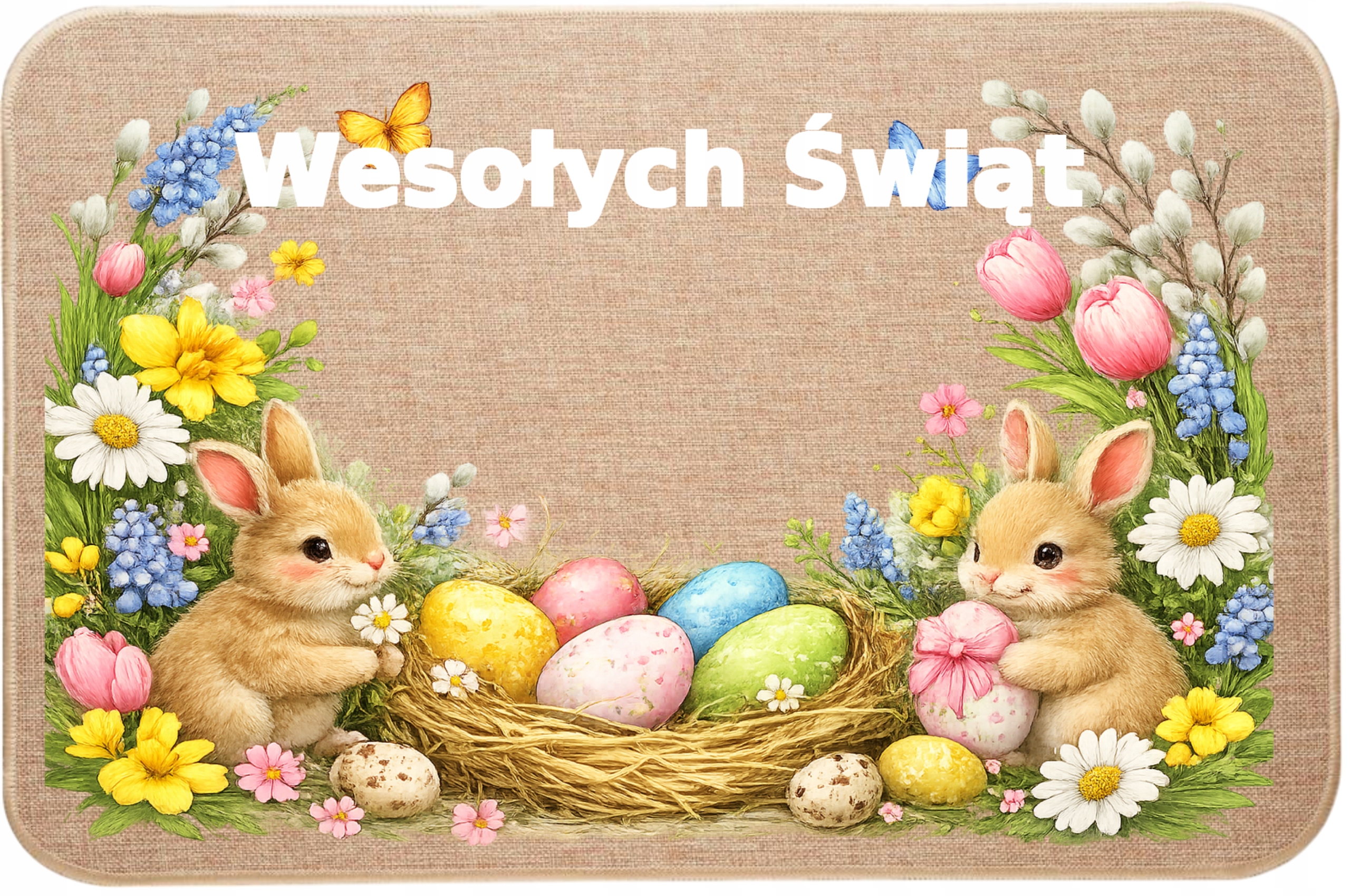 Lněná rohožka pod dveře Velikonoce Králíčci Veselé Vánoce