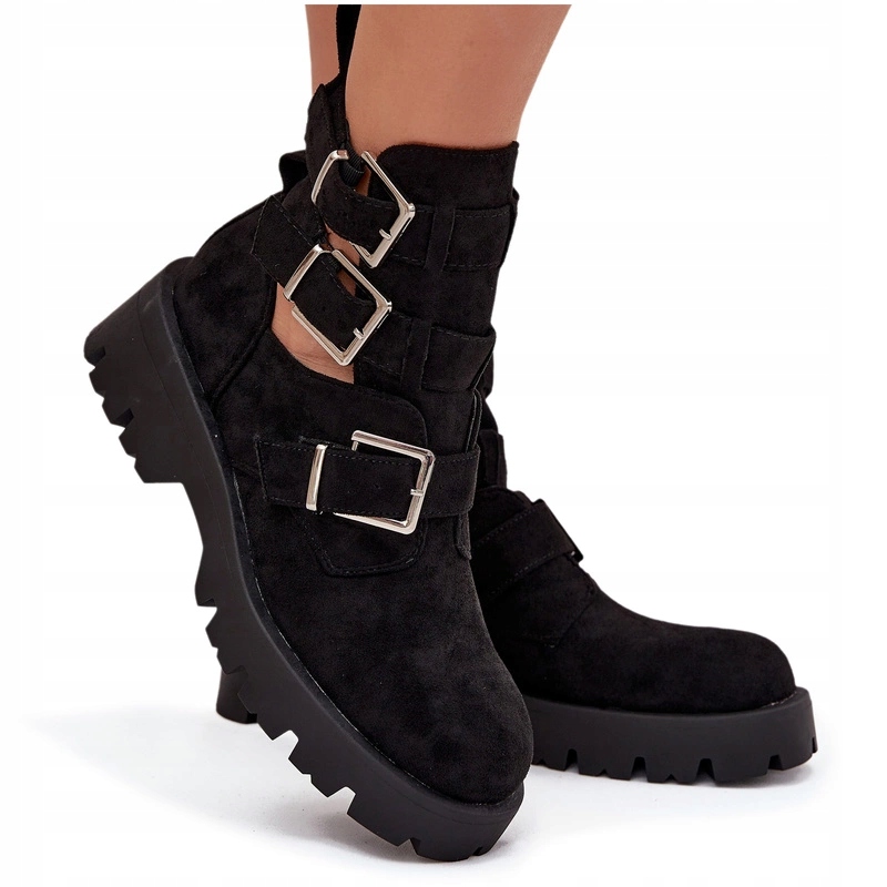 Dámské Kotníkové Boty Eko Semišové Pásky Zlaté Spony Výřezy Černé 40