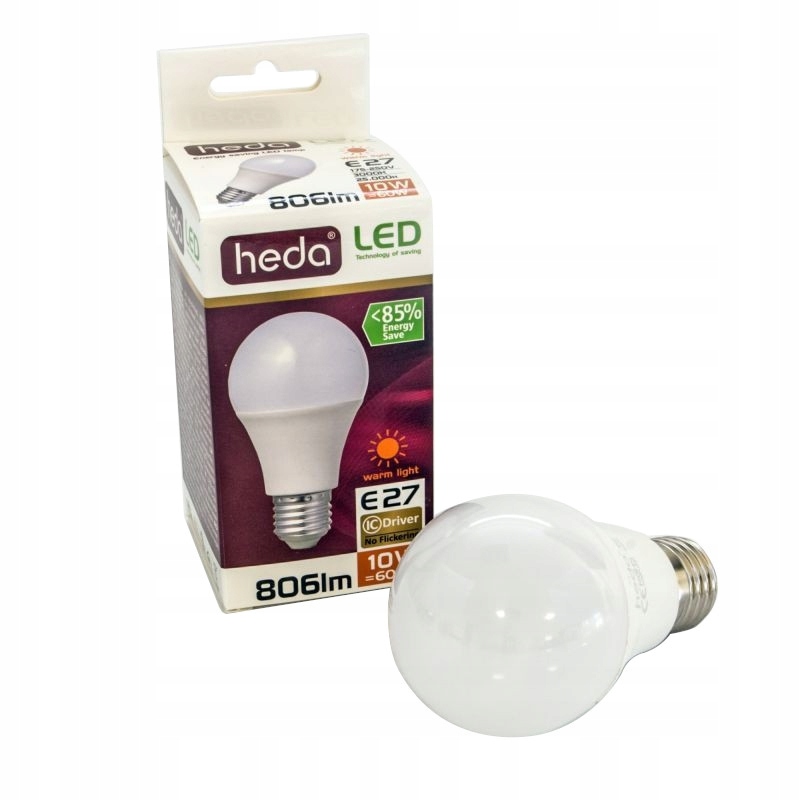 

Żarówka Led E27 9,5W=60W Ciepła A60 HD101 Heda