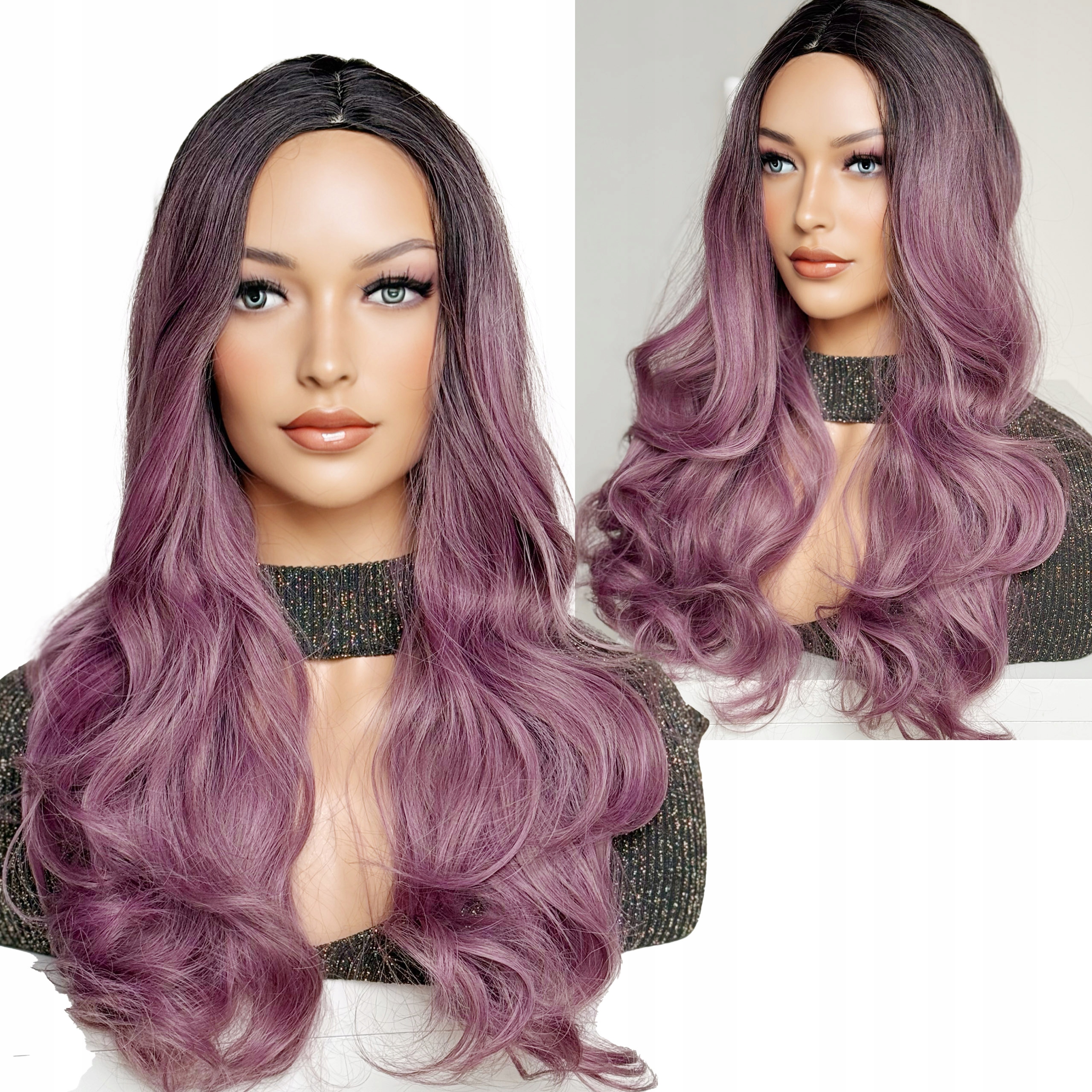 Syntetická paruka ombre Levandulově Růžová Dlouhá Vlnitá Tmavá Odrostová