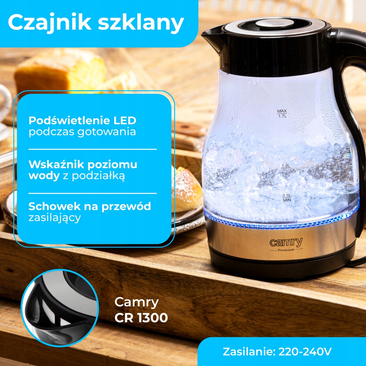 CR 1300 Czajnik Szklany 1,7 L Moc 2200W Automatyczne Wyłączanie