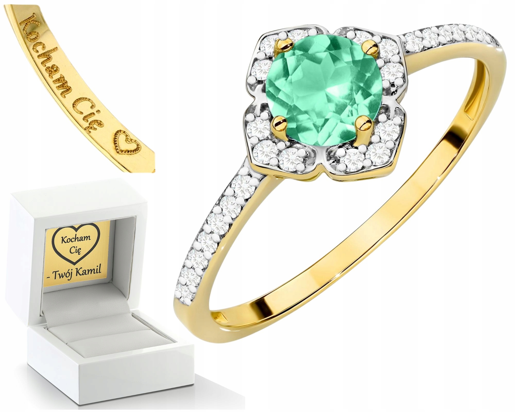 Prstýnek Prsten Se Smaragdem A Diamanty, Zlato 585, Gravírování Dárek