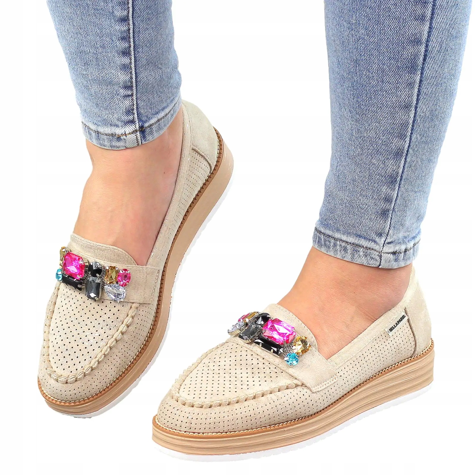 BEŻOWO ZŁOTE PÓŁBUTY ZAMSZOWE MOKASYNY KAMIENIE 39