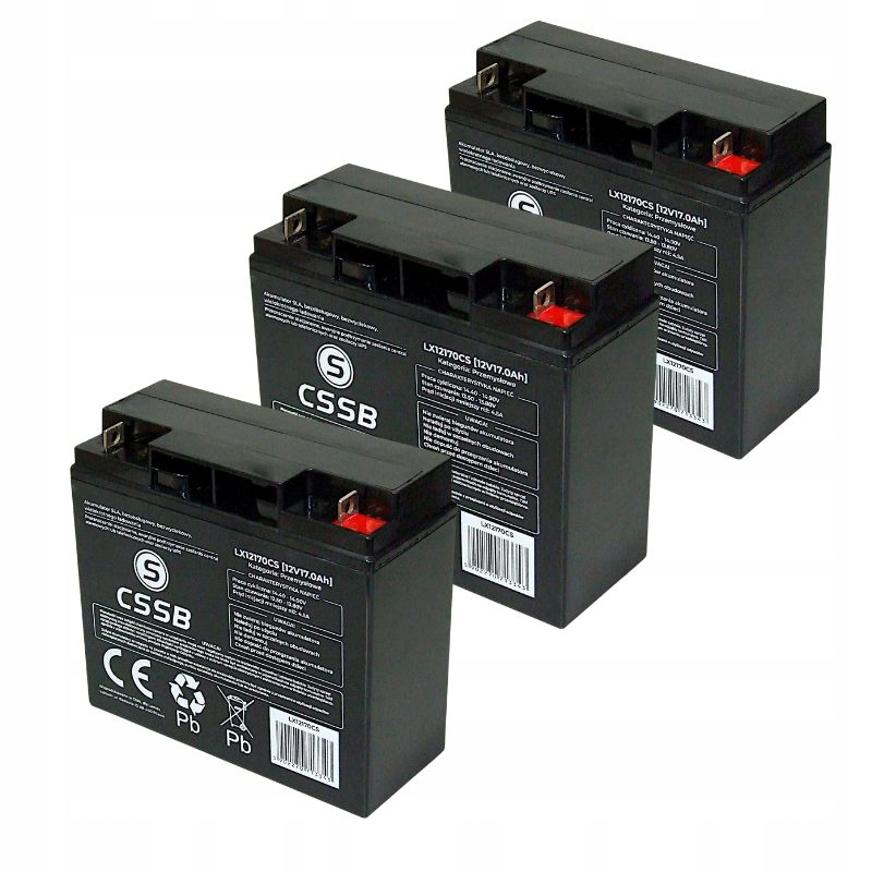 3x akumulátor Agm 12V 17Ah Cssb (rozmer 18Ah 20Ah) Ups solárny alarm na bicykli