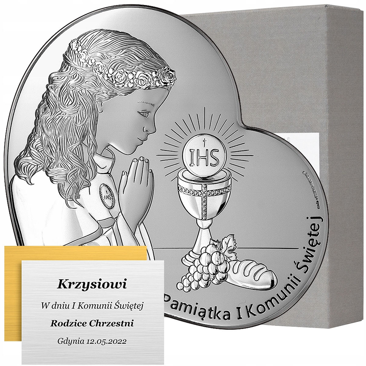 

Obrazek srebrny na Komunię dla dziewczynki Grawer