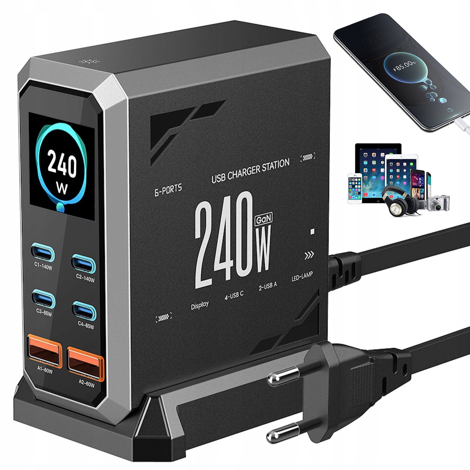 Stacja Ładująca 240W Gan III 6 Portów 4 Typ C 140W 65W 2 Usb 60W 1.2M