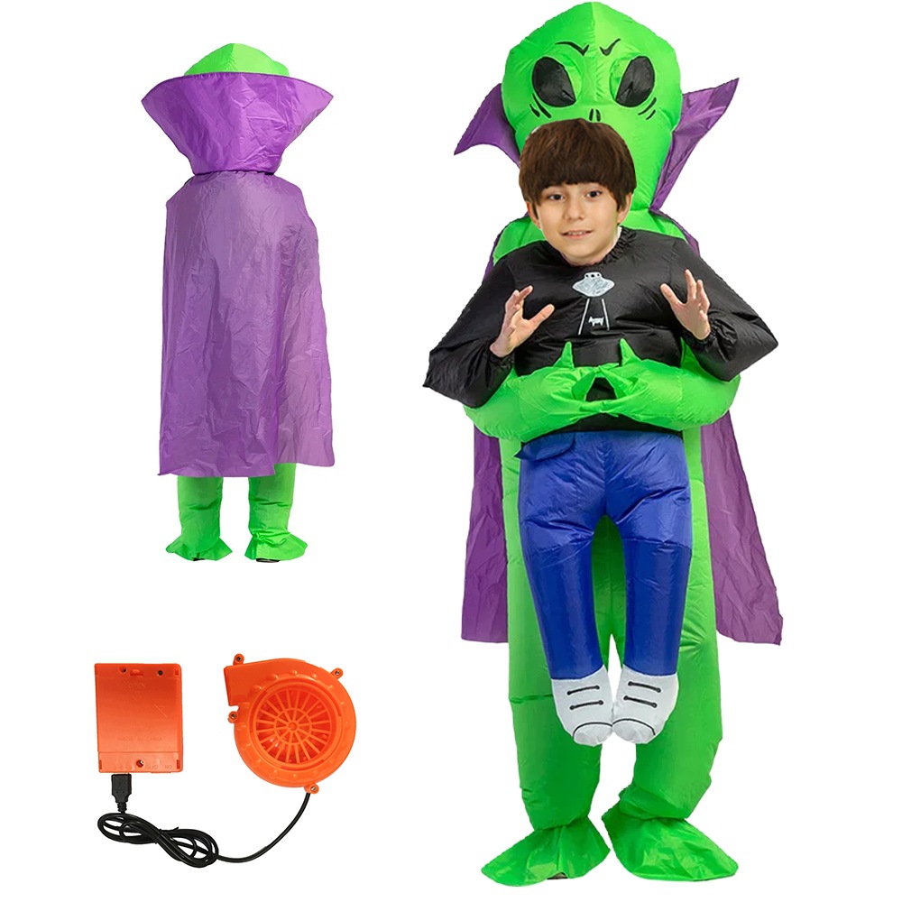 Halloweenský kostým Mimozemšťan s purpurovou pelerínou 120-150 cm s ventilátorem