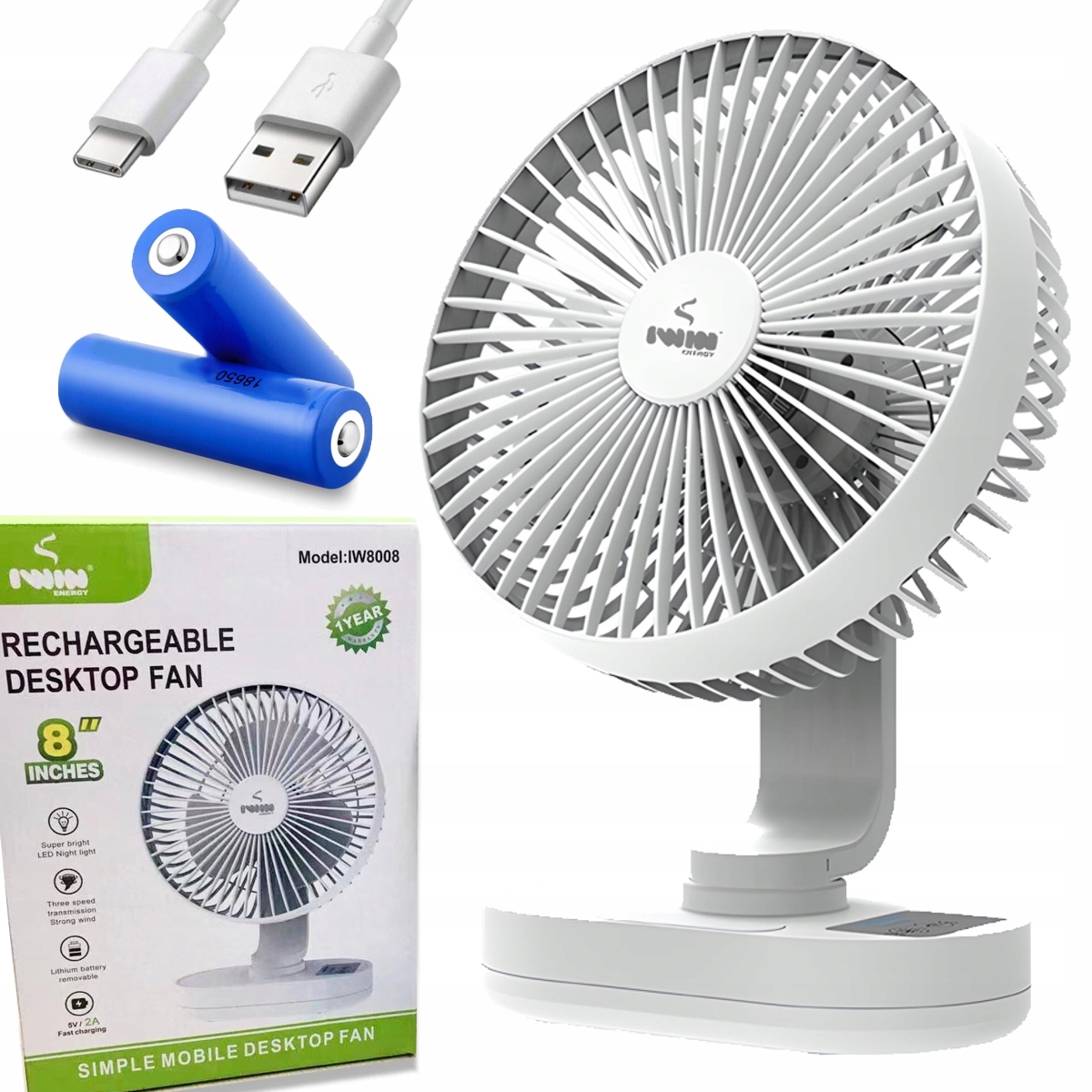 Wiatrak Cichy Wentylator na Biurko USB LED 3000mAh