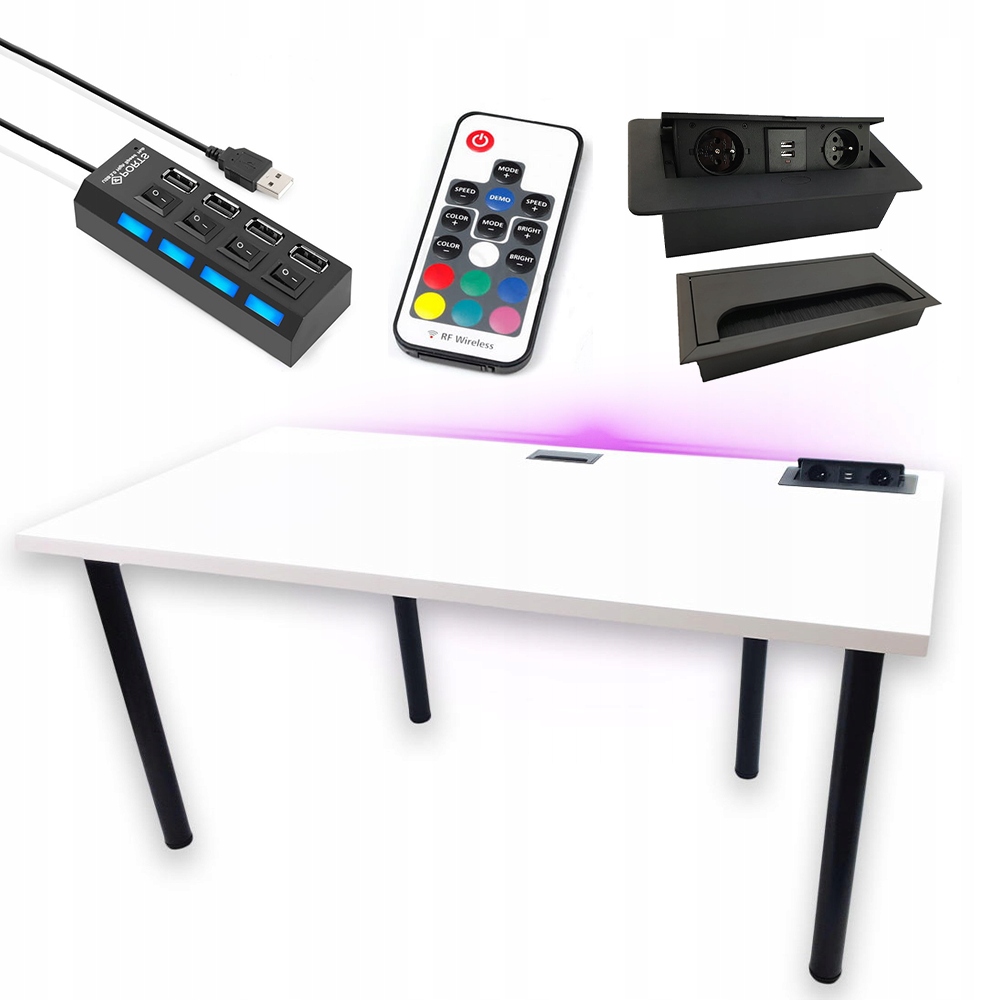Biurko Gamingowe Białe Led Przepust Gniazdo Usb