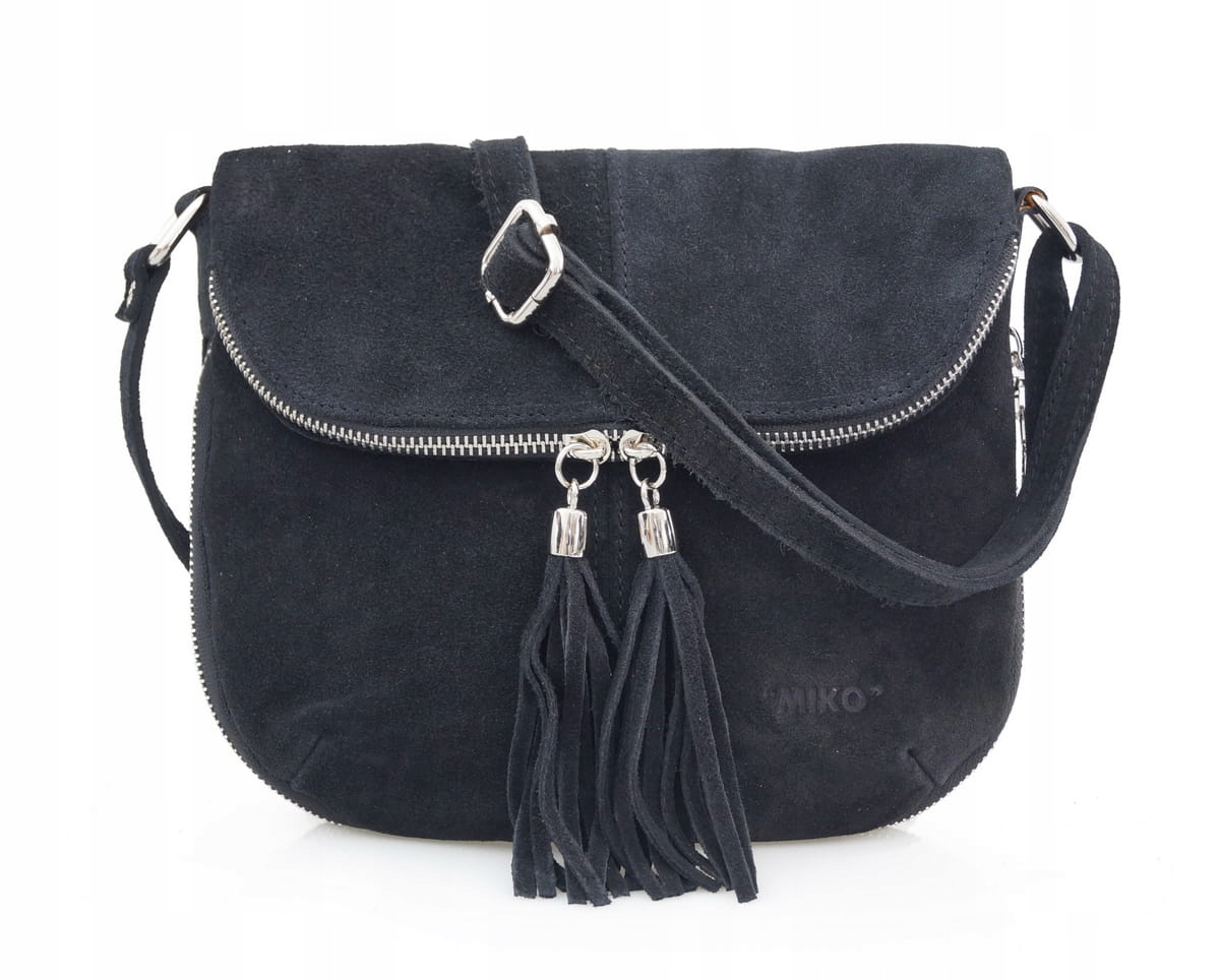 VERA PELLE torebka zamszowa listonoszka z paskiem i frędzelkami CHABROWA Odcień chabrowy