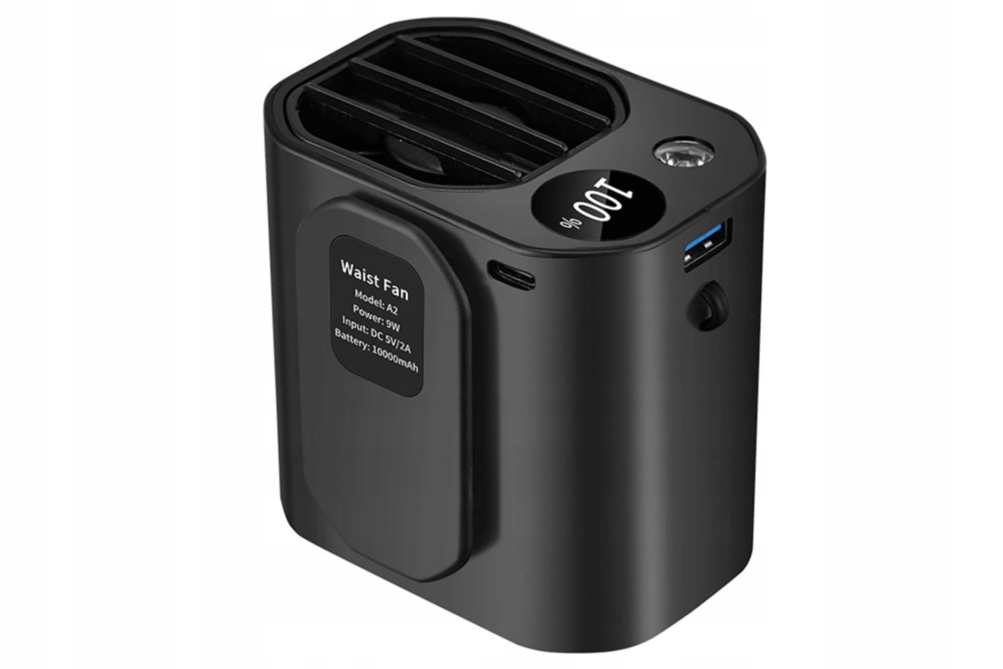 Přenosný ventilátor na opasek, na krk 10000 mAh, Usb kabel, černý