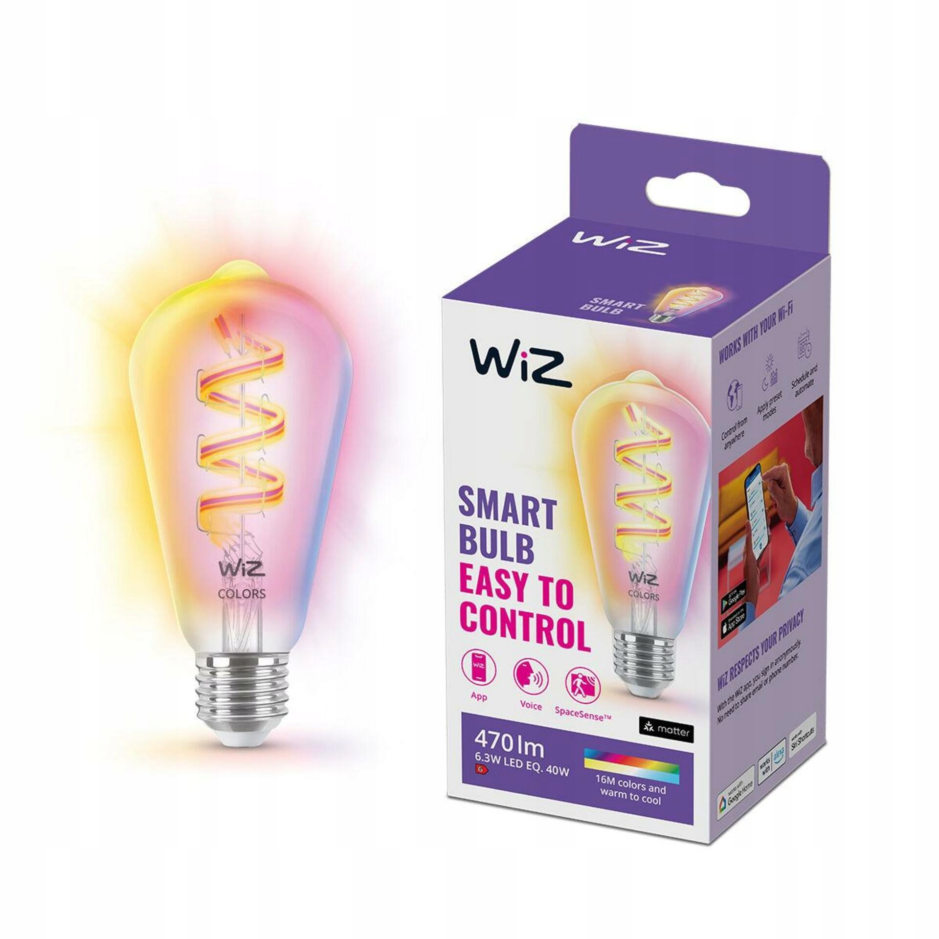 WiZ Led žárovka E27 ST64 6,3W 470lm 2200-6500K Rgb IP20, stmívatelná