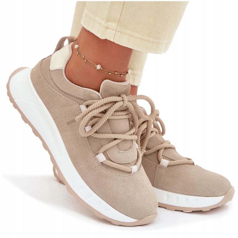 Dámské Tenisky Z Semišové Kůže, Silné Šněrování, Lehké, Pohodlné, Béžové 37