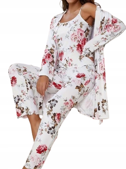 Elegantní 3-DÍLNÝ Komplet Župan Pyžamo Romantické Květiny