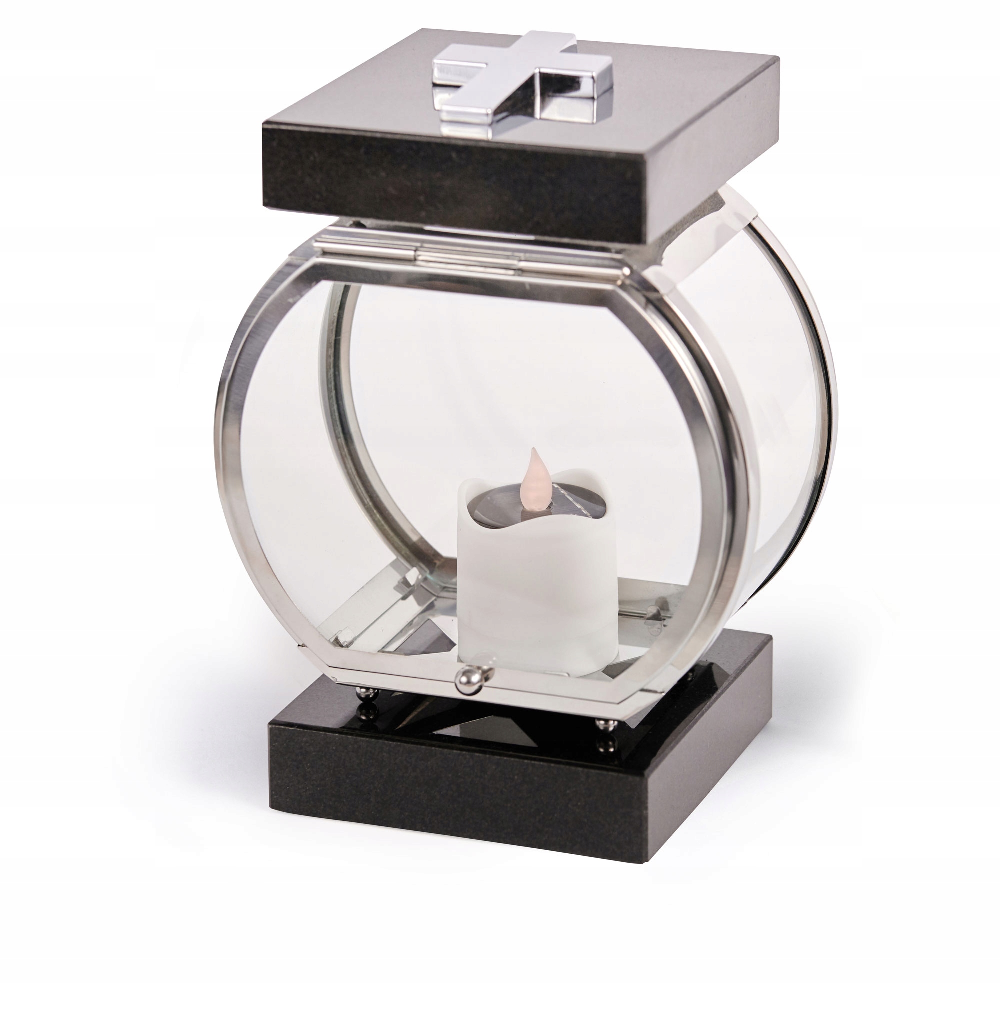 Lampion náhrobní Hřbitovní Svíčka na pomník Hybrid stříbrný ocel nerez+žluť černý