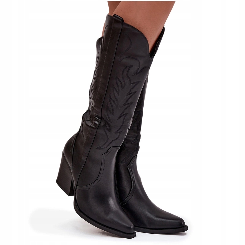 Kozačky Kovbojské Boty Eko Kožené Dámské Sloupek Prošívání Zateplené Černé 37