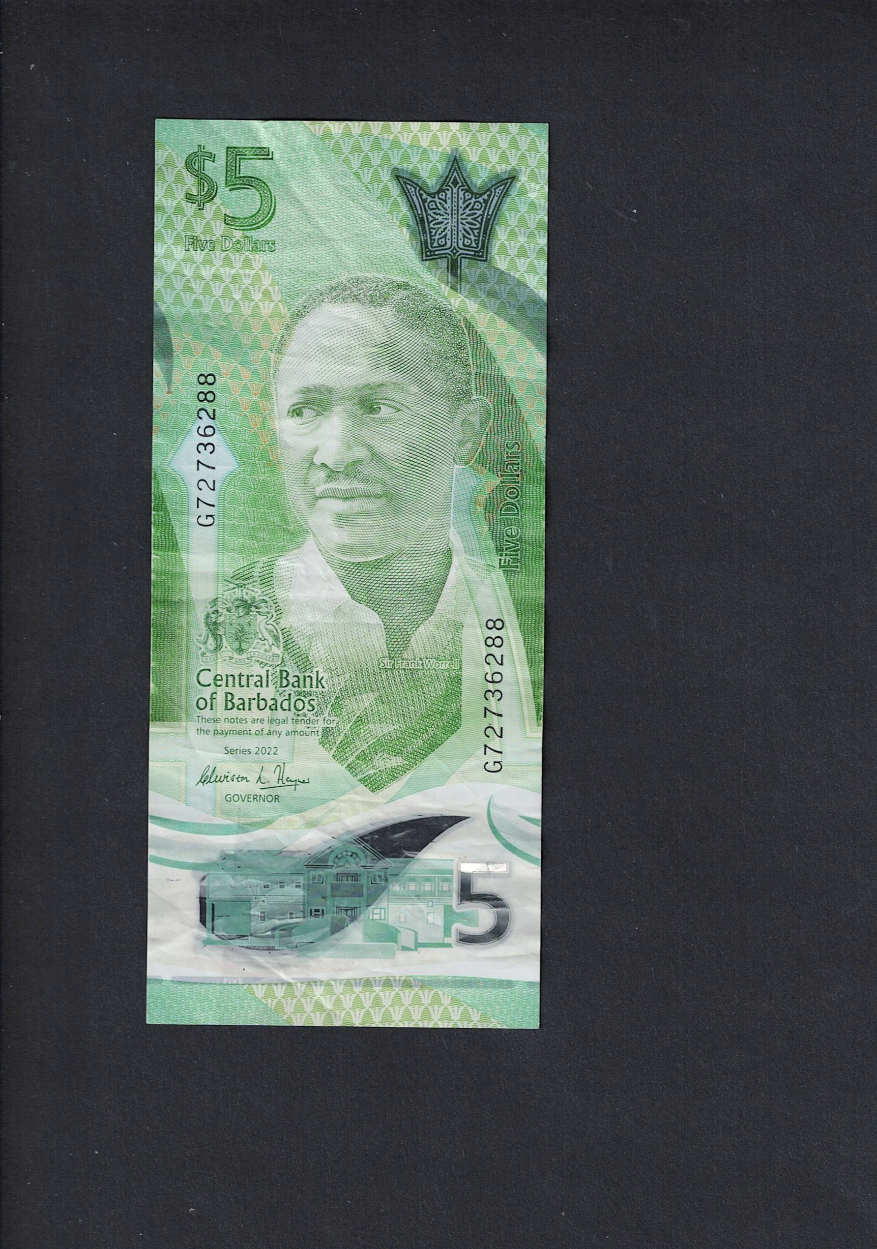 BANKNOT BARBADOS -- 5 Dollars -- 2022 rok, (B342)