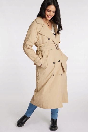Beżowy Cienki Płaszcz Trencz Długi Rękaw Guziki Pasek Brave Soul 38