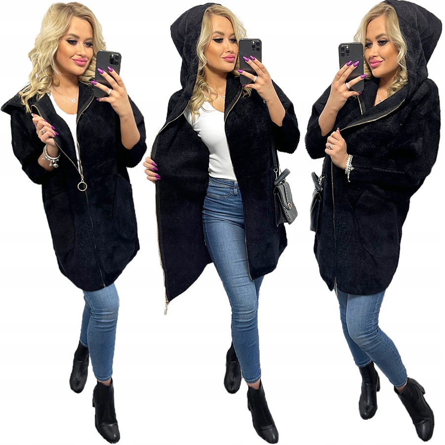 Alpaki Zip Kabát Vlna Barvy oversize Dlouhý Černý