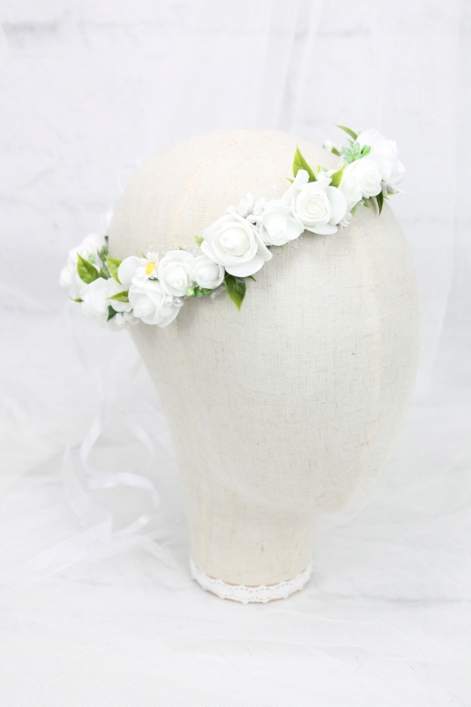 Wianek komunijny kwiatowy BIAŁY kokarda styl Okazje komunia