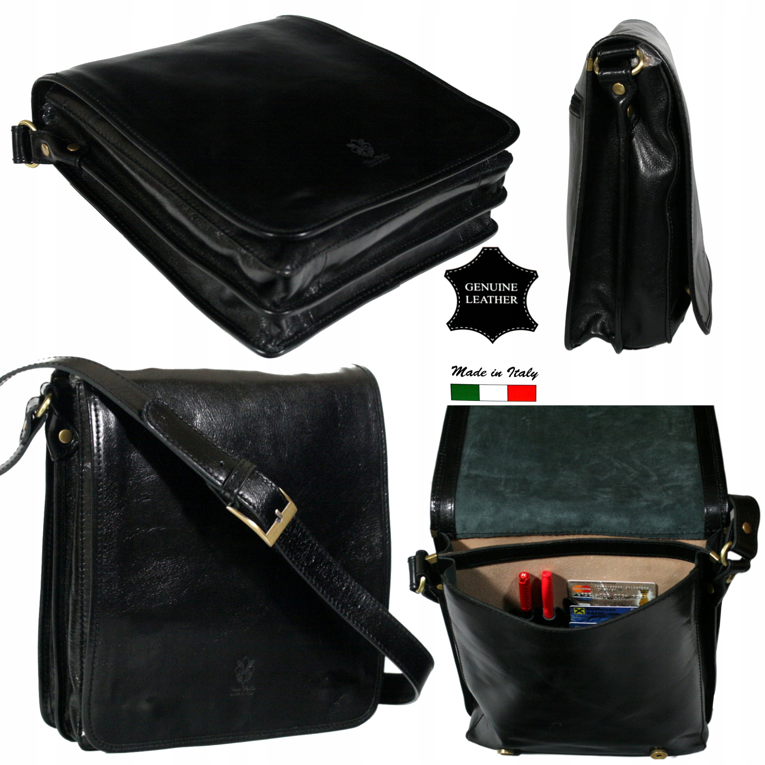 Pánská kožená taška přes rameno černá italská kabelka přes rameno vintage A4