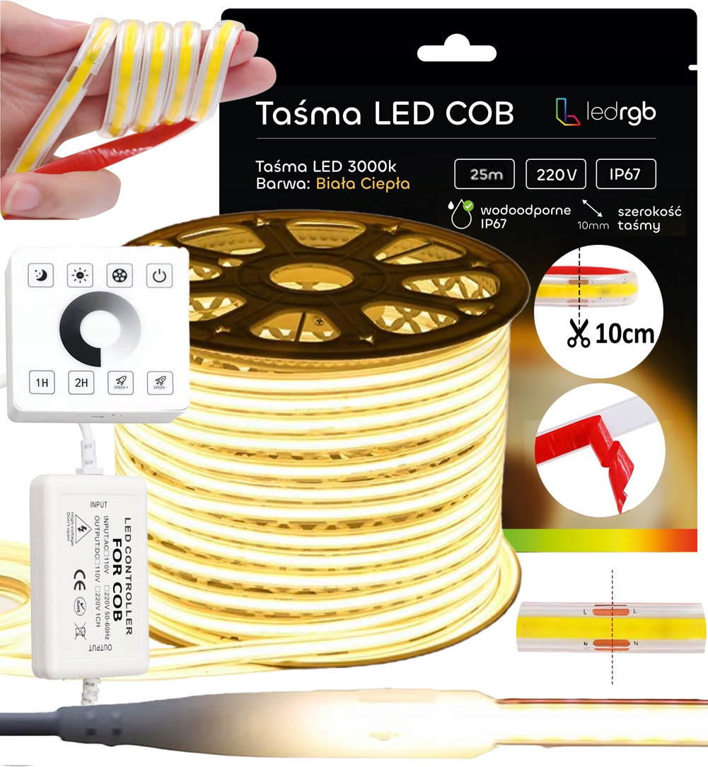 Set Led Pásek Cob 25 m 230 V Bílý Teplý 3000 10 CM Řezací Ovladač Dálkový Ovladač