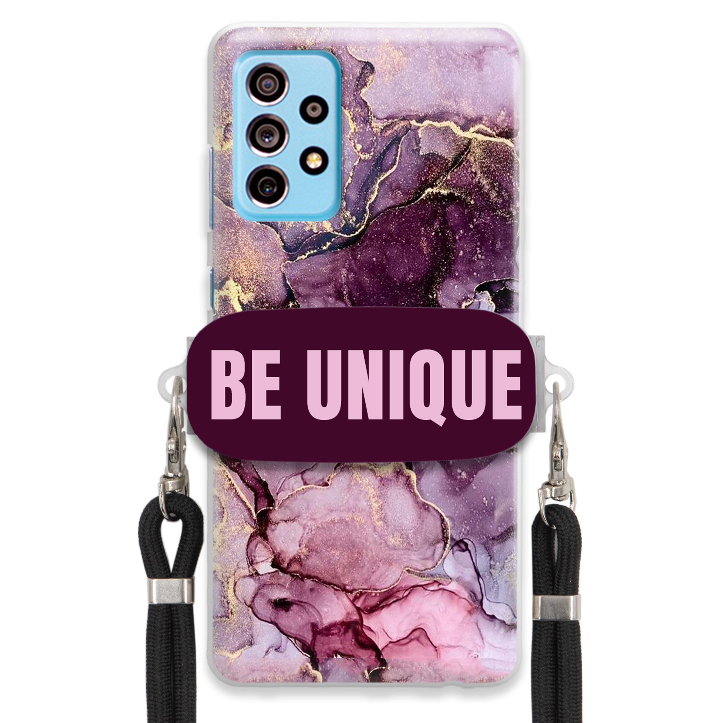 Puzdro pre Samsung A73 5G držiak na šnúrku Čierna Fialová Mramor Be Unique