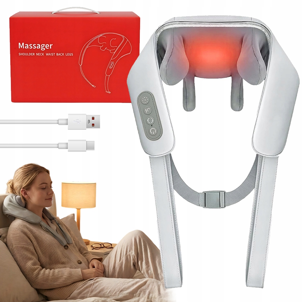 Przenośny 3D Masażer Ramion I Szyi Z Funkcją Ciepła 360° Obrotowe Kulki