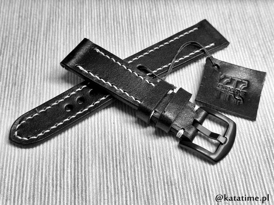 Pasek Do Męskiego Zegarka szyty ręcznie 22 mm czarny naturalna skóra Super!