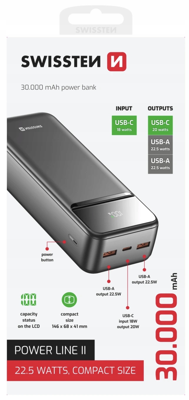 Swissten 30000 mAh Power Line II čierna