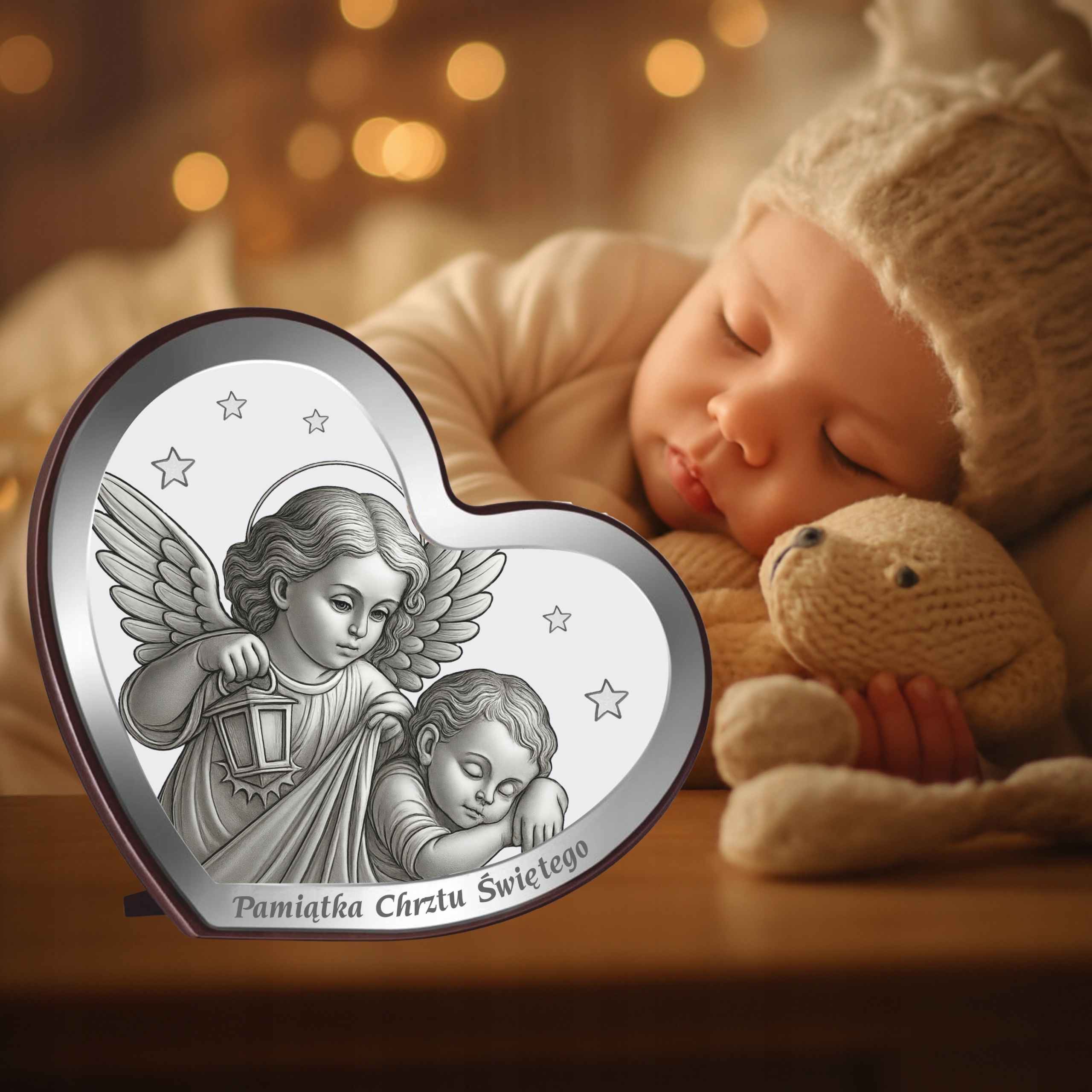 OBRAZEK Z ANIOŁKIEM PAMIĄTKA CHRZTU ŚWIĘTEGO PREZENT NA CHRZEST Z GRAWEREM Szerokość produktu 14.5 cm