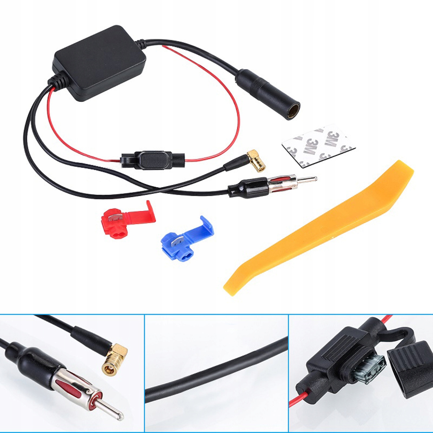 WZMACNIACZ ANTENOWY SYGNAŁU RADIOWEGO DAB+/AM/FM 3w1 12V Z ŚCIĄGACZE KLUCZE Model ANT-208