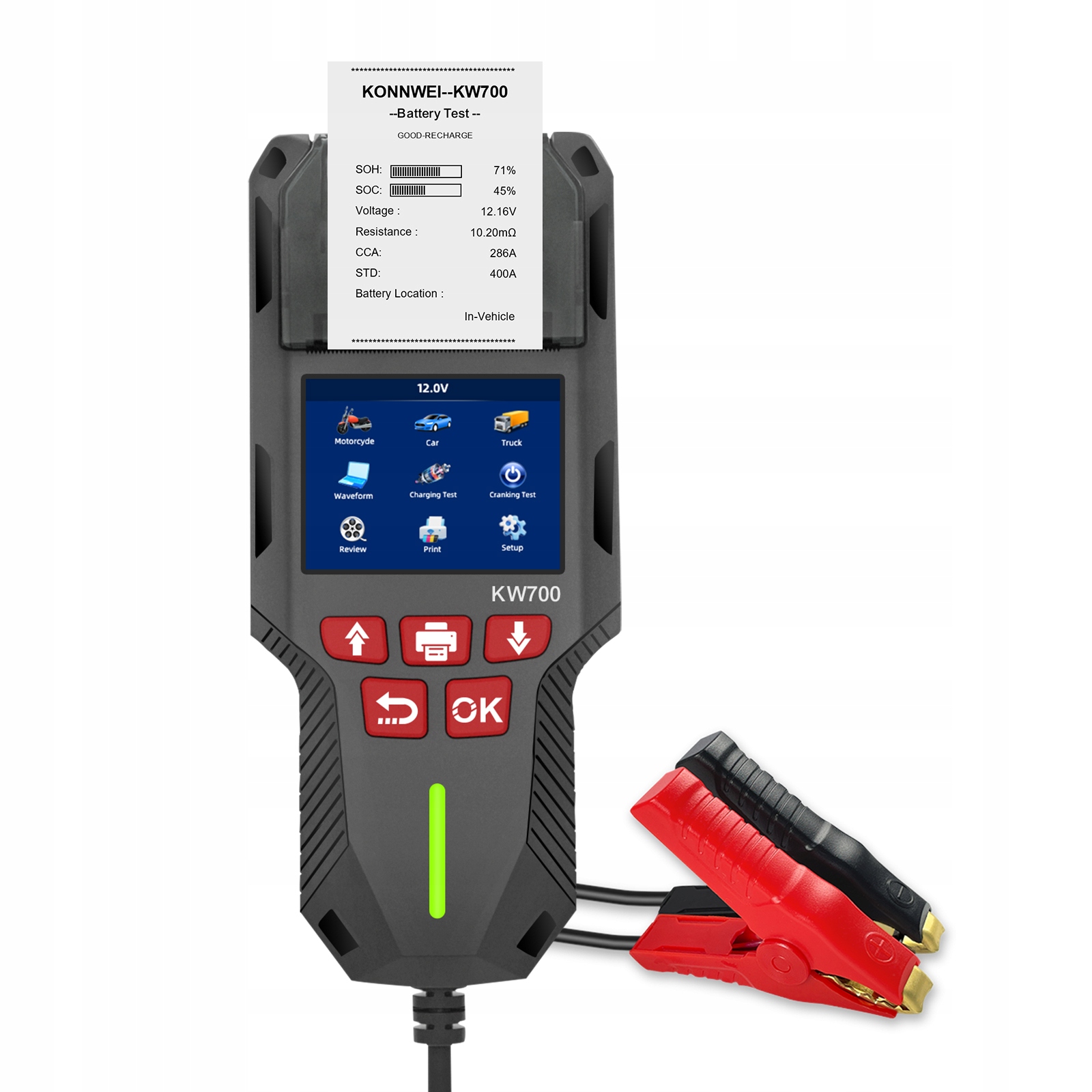Tester akumulatorów Konnwei KW700 polskie menu 12V 24V drukarka analizator