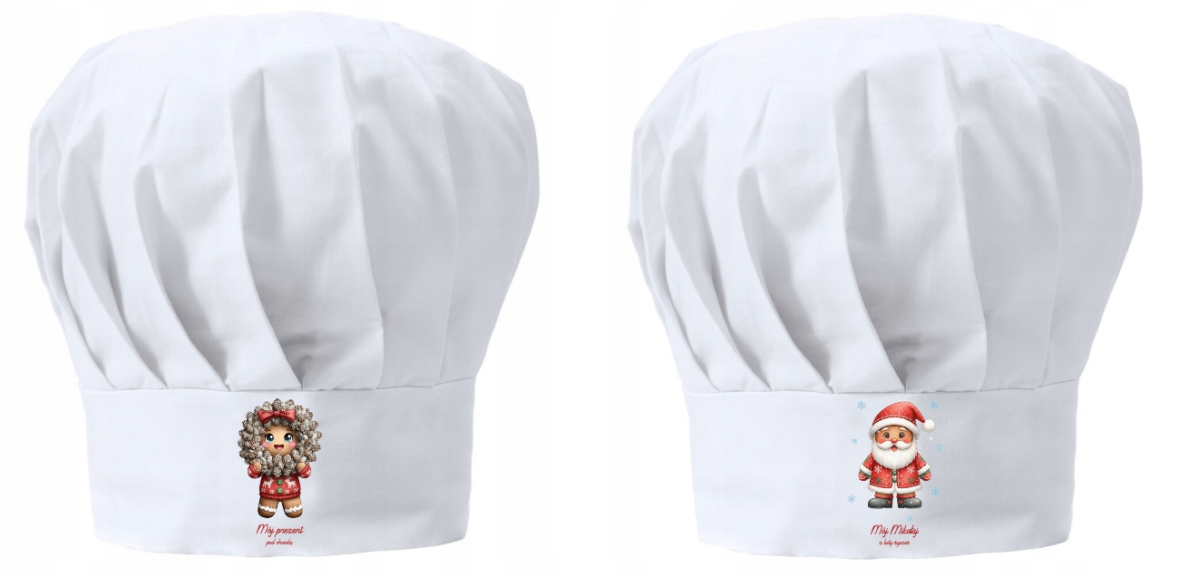 Vánoční kuchařská čepice x2 pro pár On Můj Mikuláš Ona Můj Dárek