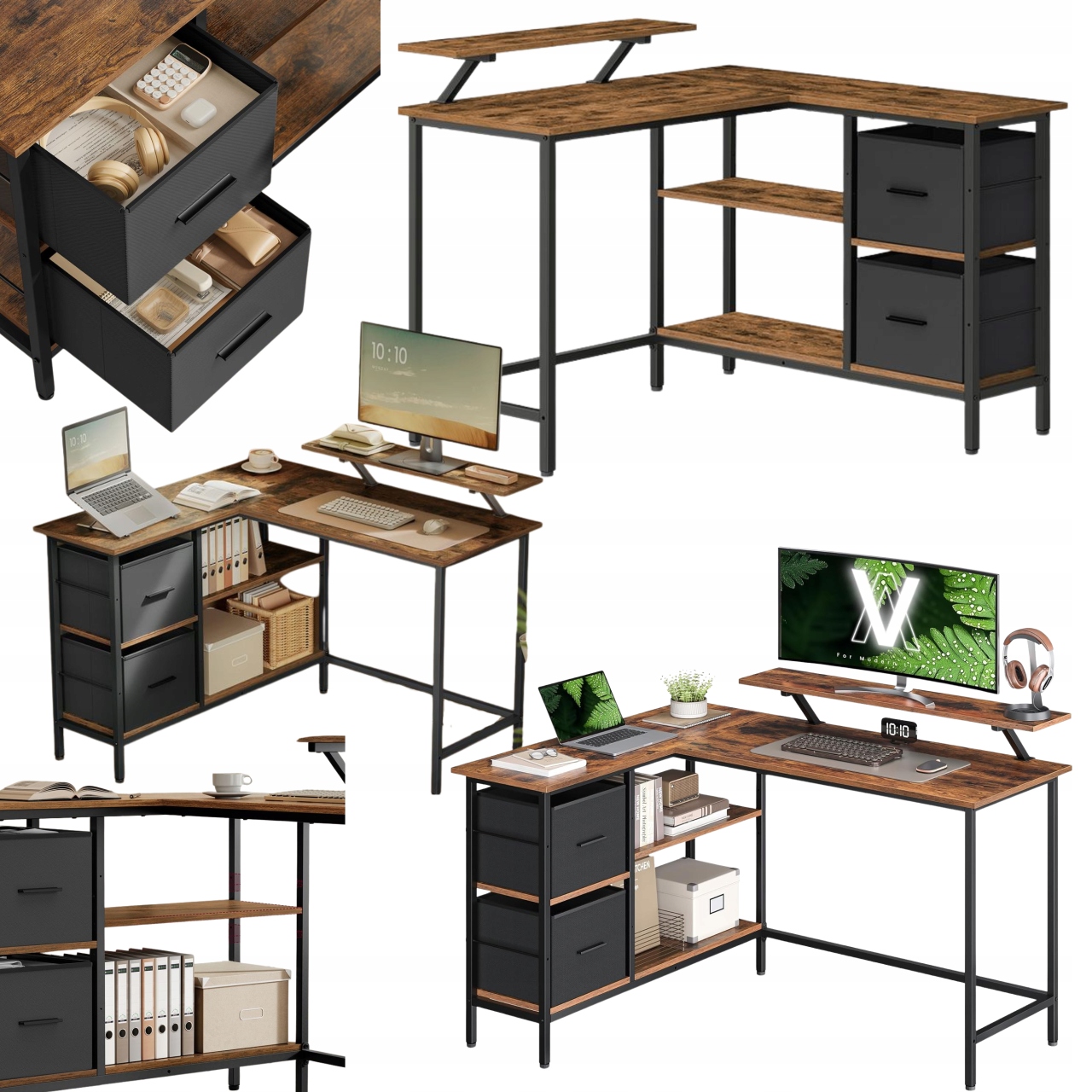 Rohový stôl s zásuvkami Loft Hnedý Herný Veľký Stolík pod počítač