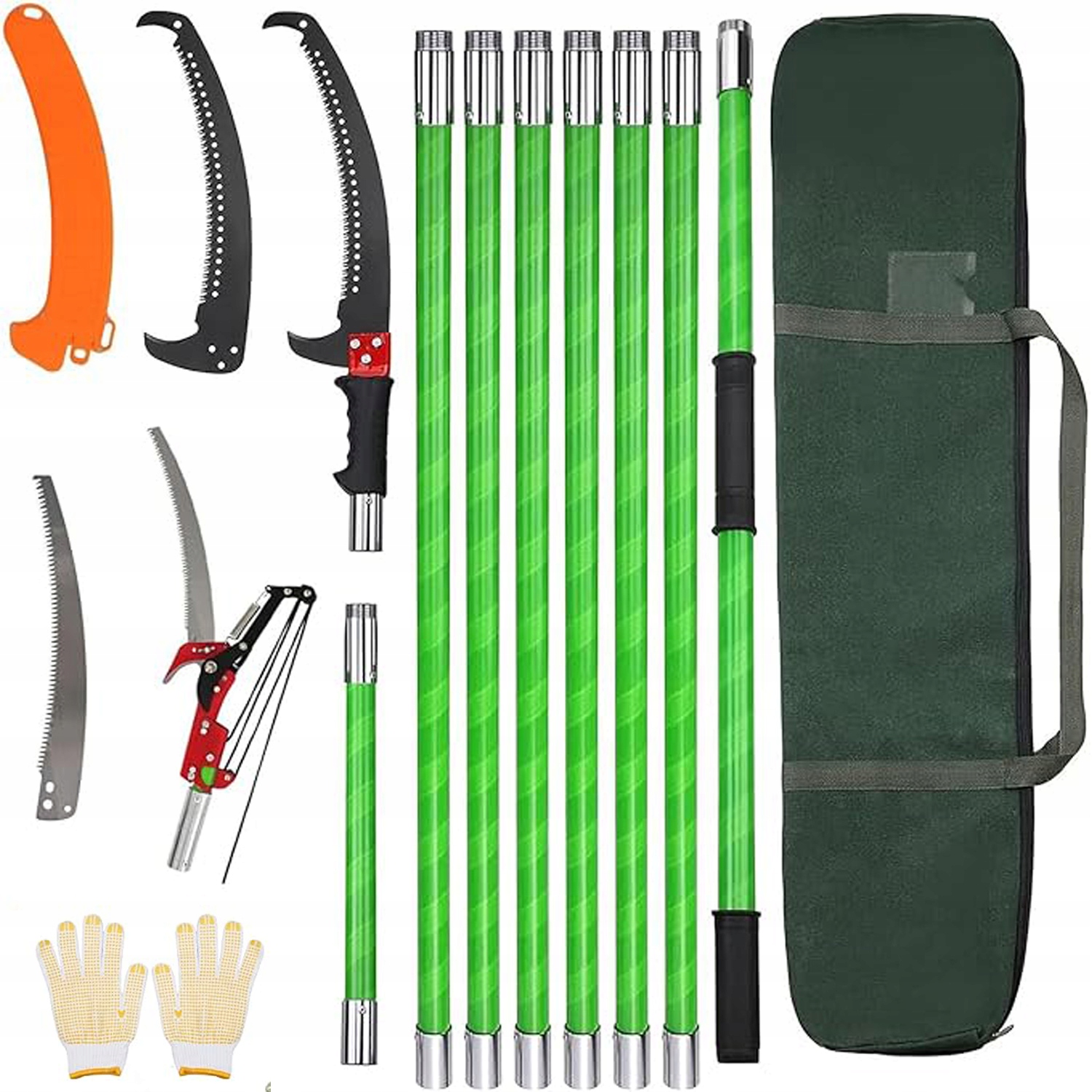 Teleskopická pilka na prořezávání větví, ostrá ocelová čepel, zelená