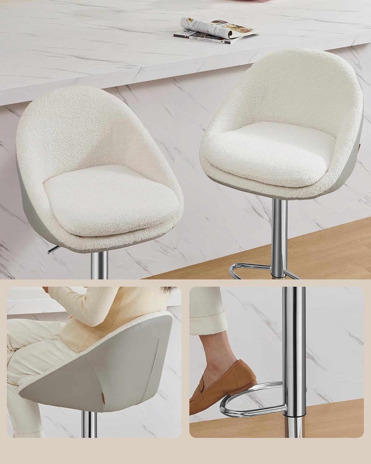 Vysoká stolička Hoker s operadlom Set 2 stolička Biela na ostrovček, kuchynskú dosku