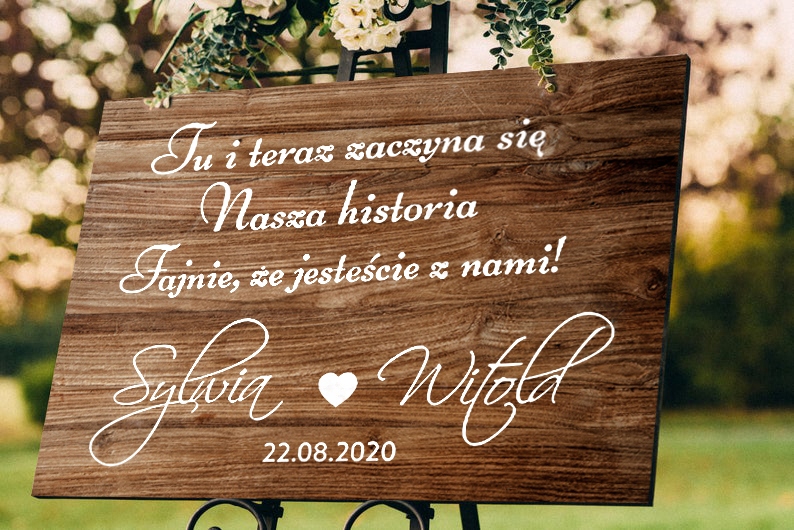 DREWNIANA RUSTYKALNA TABLICA POWITALNA 50x70 Z CYTATEM WESELE ŚLUB Wysokość produktu 70 cm