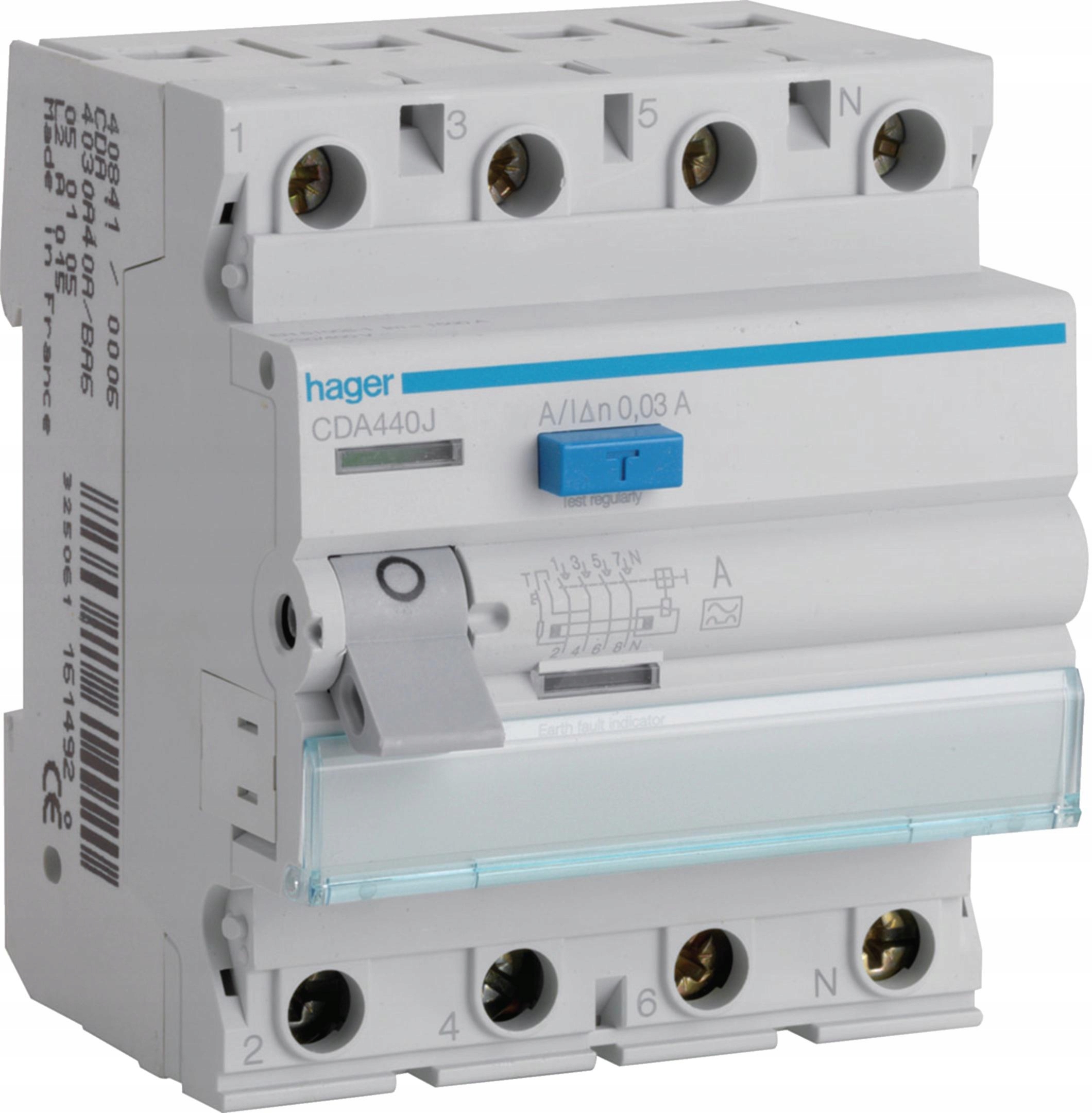 Hager Rccb Proudový spínač 3P+N 40A 30mA 6kA A CDA440J