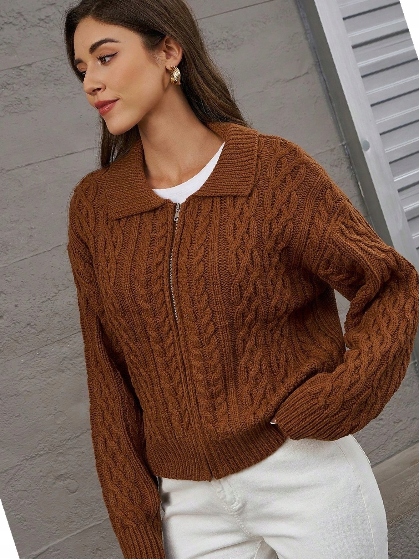 Svetr s límcem a copánkovým kardiganem Splétaný Hnědý S 36