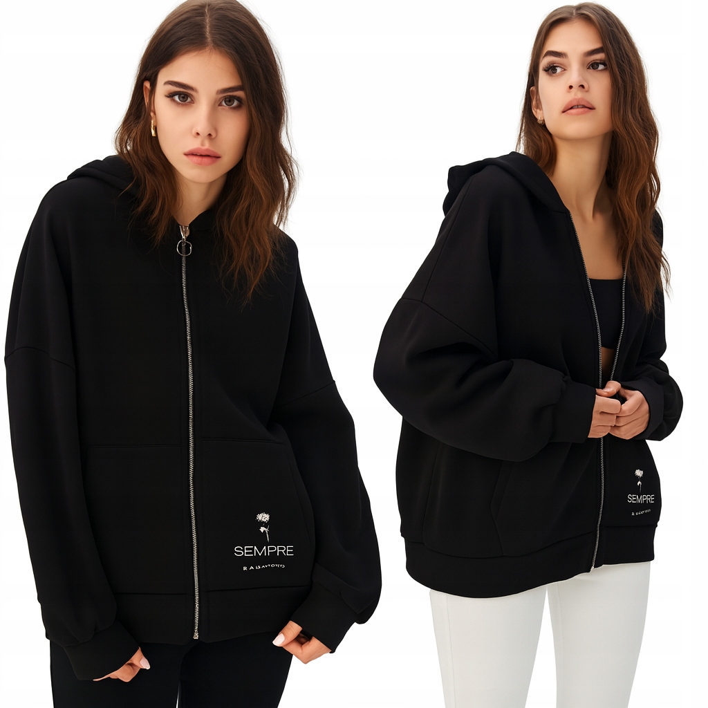 Bluza damska Oversize z kapturem , czarna Ciepła bawełna na jesień