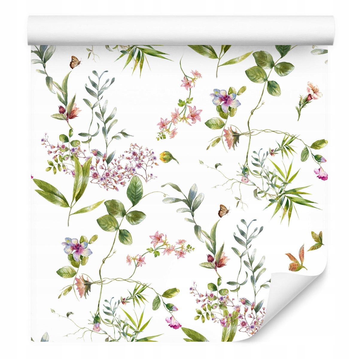 Tapeta do salonu akwarelowe LIŚCIE kwiaty polne