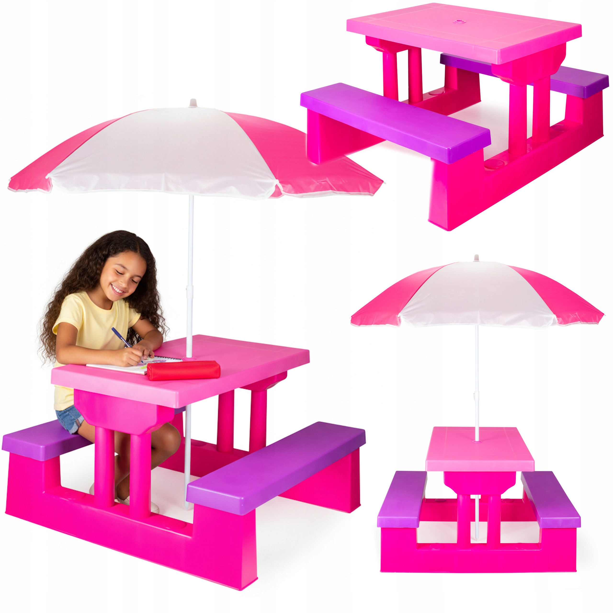 STOLIK OGRODOWY PIKNIKOWY DLA DZIECI Z PARASOLEM ZESTAW DZIECKA Z ŁAWKAMI R